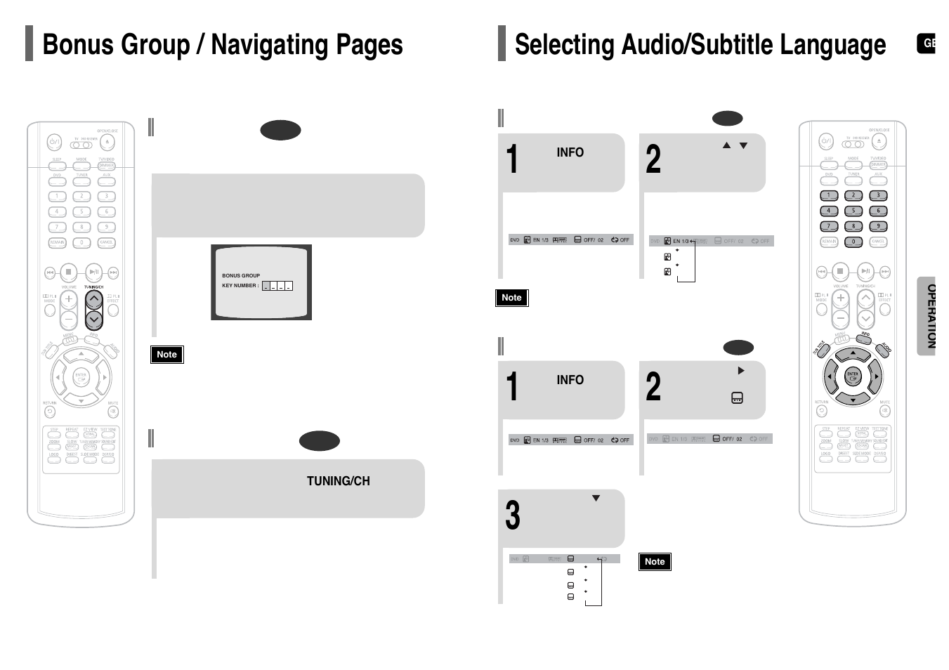 Selecting audio/ subtitle language, Bonus group / navigating pages, Selecting audio/subtitle language | Bonus group, Navigating pages, Audio language selection function, Subtitle language selection function | Samsung HT-UP30 User Manual | Page 19 / 36