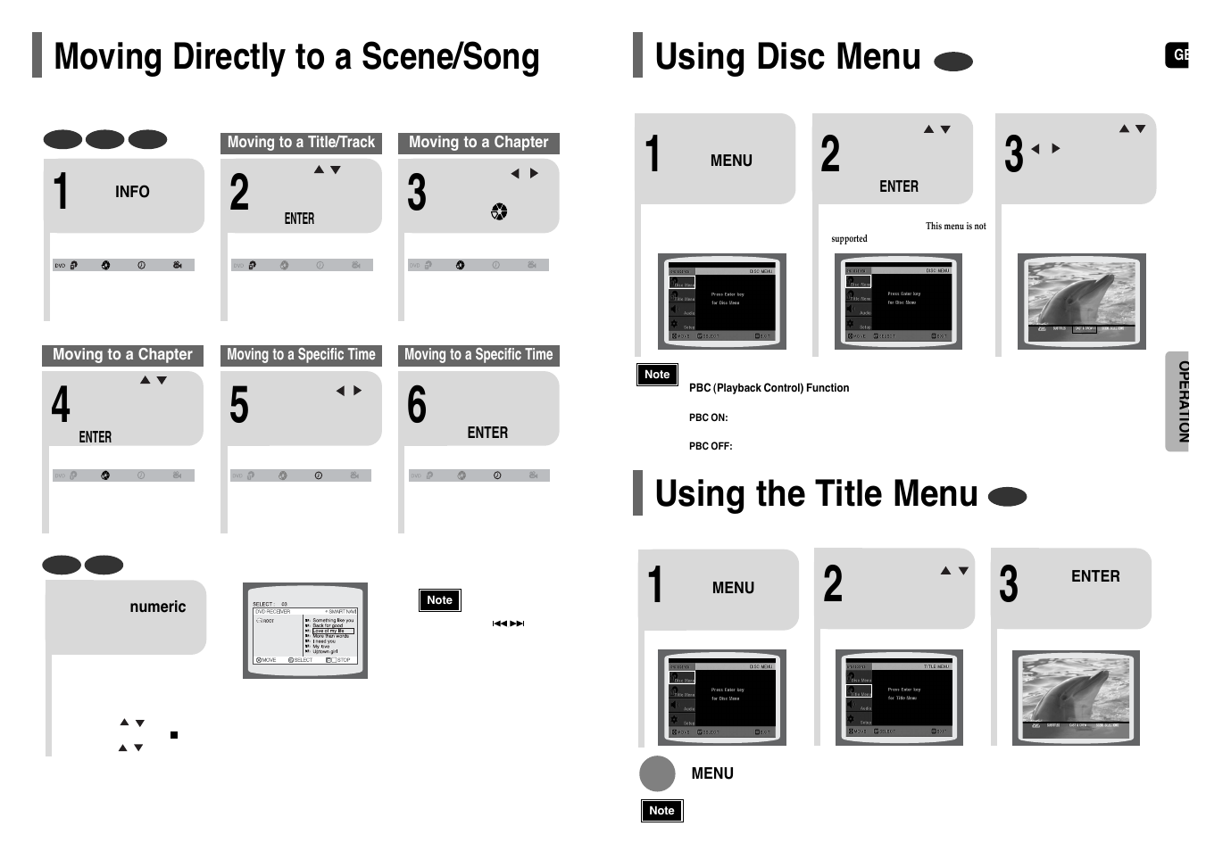 Moving directly to a scene/ song, Using disc menu, Using the title menu | Moving directly to a scene/song | Samsung HT-UP30 User Manual | Page 20 / 36