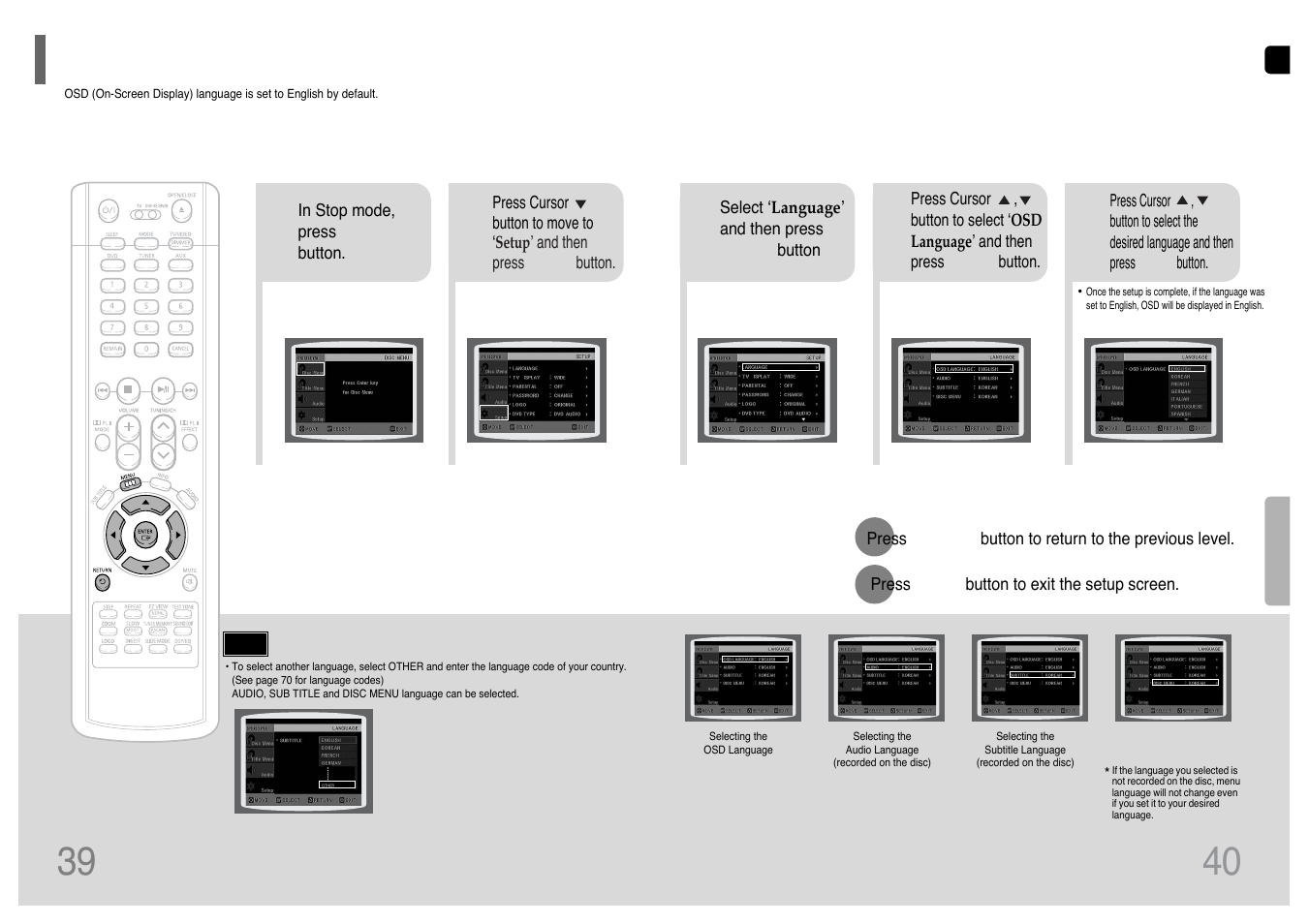 Setup, Setting the language, Setting the language 39 | Samsung HT-UP30 User Manual | Page 21 / 36