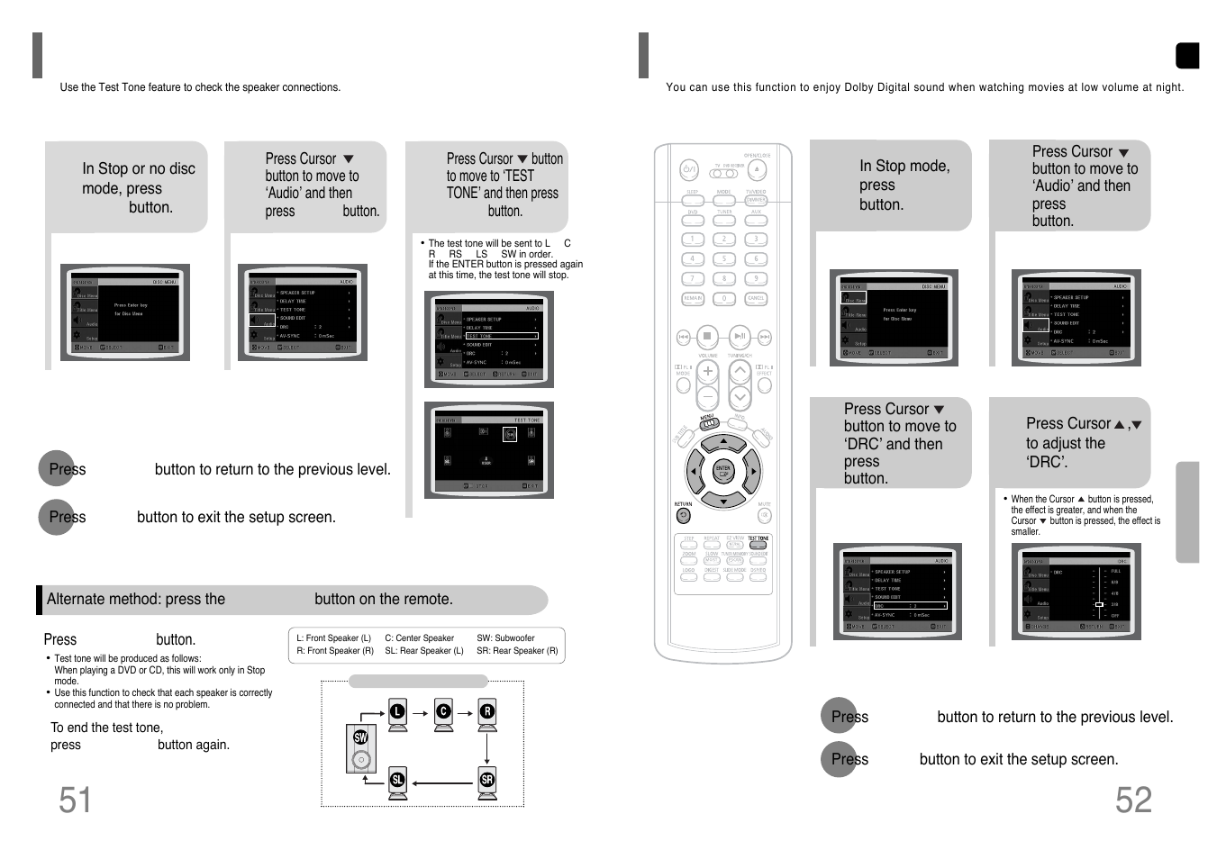 Setting the test tone, Setting the drc (dynamic range compression), Setting the drc | Dynamic range compression) | Samsung HT-UP30 User Manual | Page 27 / 36