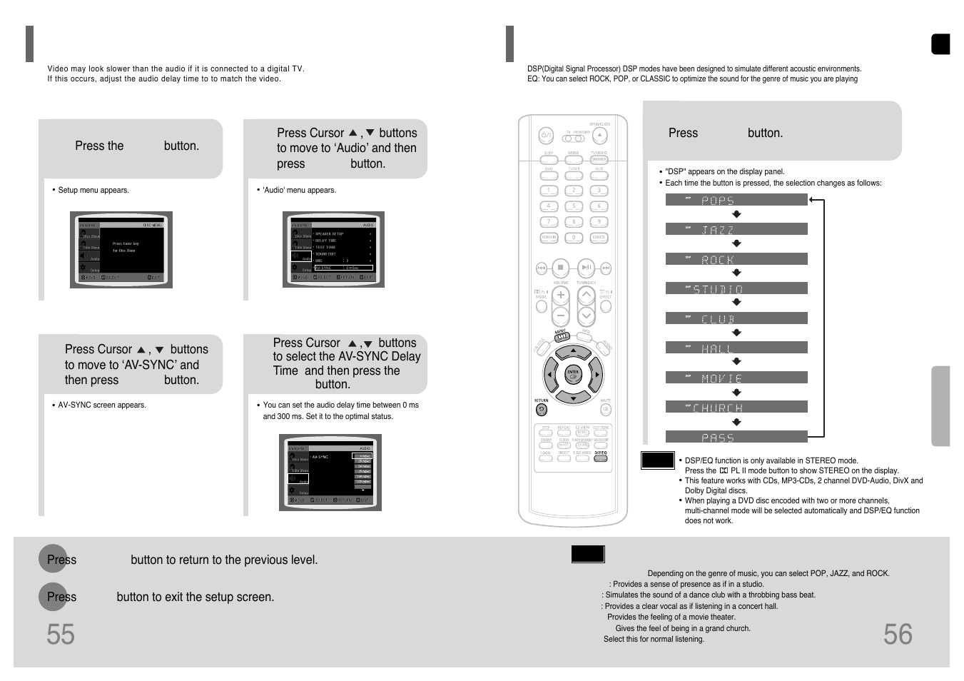 Av sync setup, Sound field (dsp)/ eq function, Sound field (dsp)/eq function | Samsung HT-UP30 User Manual | Page 29 / 36