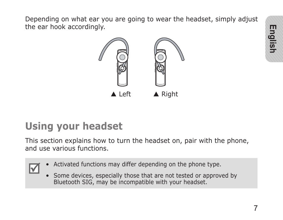 Using your headset, English | Samsung WEP850 User Manual | Page 7 / 18