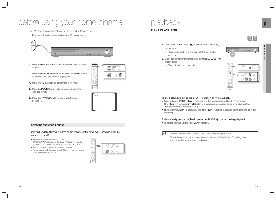 Before using your home cinema, Playback | Samsung HT-TZ215  EN User Manual | Page 17 / 37