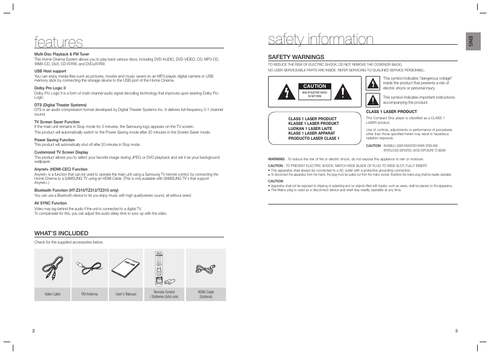 Features, Safety information | Samsung HT-TZ215  EN User Manual | Page 2 / 37