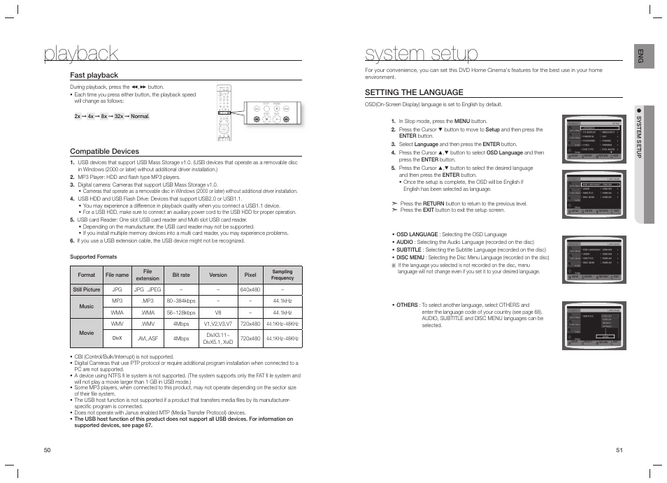 System setup, Playback, Setting the language | Samsung HT-TZ215  EN User Manual | Page 26 / 37