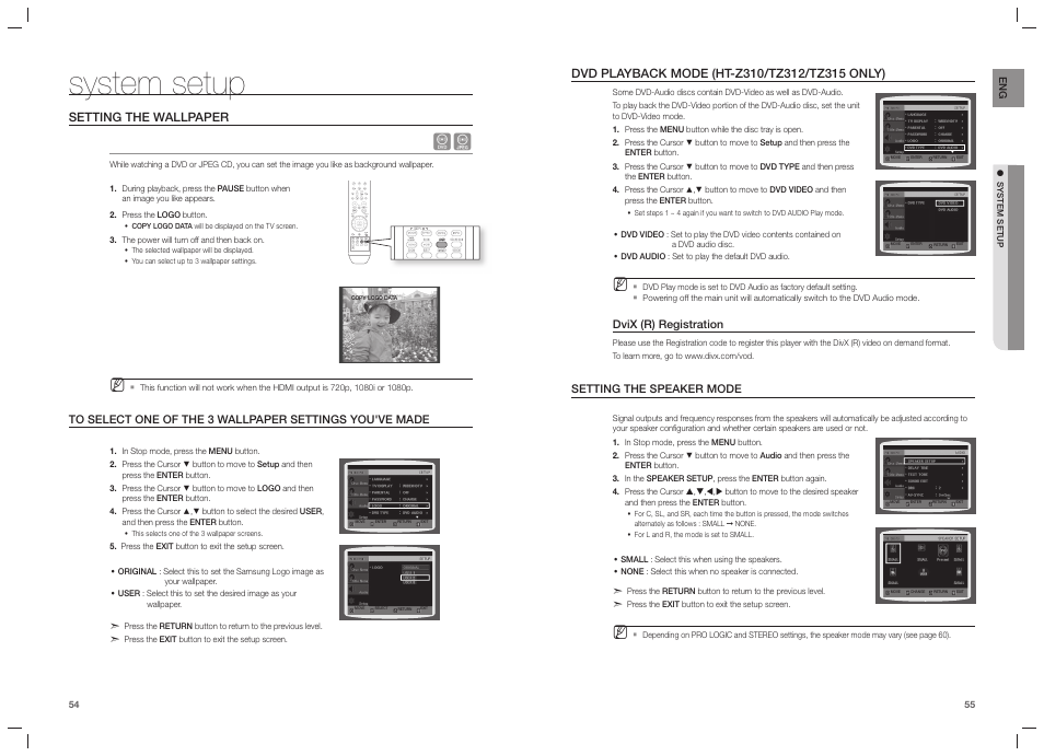 System setup, Setting the wallpaper | Samsung HT-TZ215  EN User Manual | Page 28 / 37