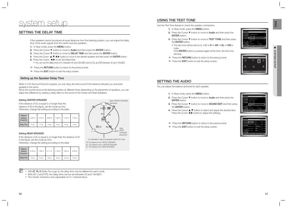 System setup, Setting the delay time, Using the test tone | Setting the audio | Samsung HT-TZ215  EN User Manual | Page 29 / 37