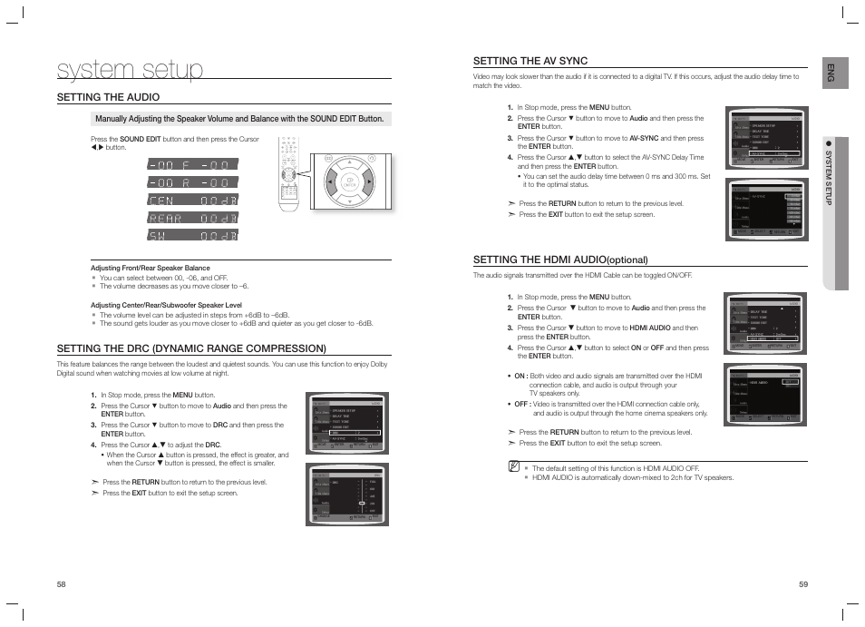 System setup, Setting the audio, Setting the drc (dynamic range compression) | Setting the av sync, Setting the hdmi audio | Samsung HT-TZ215  EN User Manual | Page 30 / 37