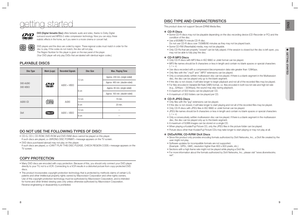 Getting started, Playable discs, Do not use the following types of disc | Copy protection, Disc type and characteristics | Samsung HT-TZ215  EN User Manual | Page 5 / 37