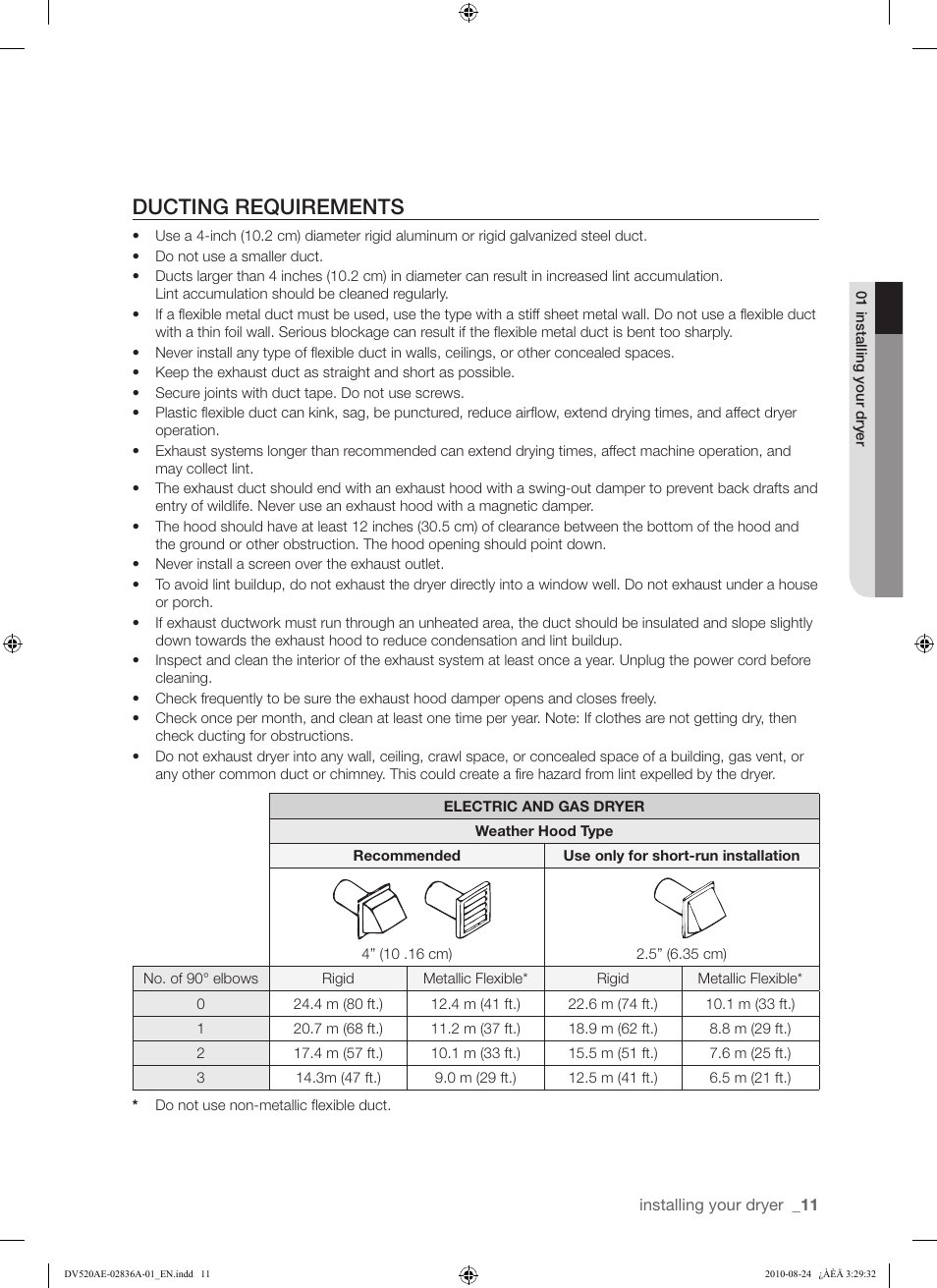 Ducting requirements | Samsung DV520AE-02836A-01 User Manual | Page 11 / 84