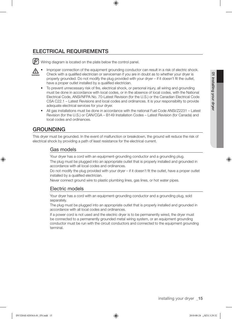 Electrical requirements, Grounding, Gas models | Electric models | Samsung DV520AE-02836A-01 User Manual | Page 15 / 84