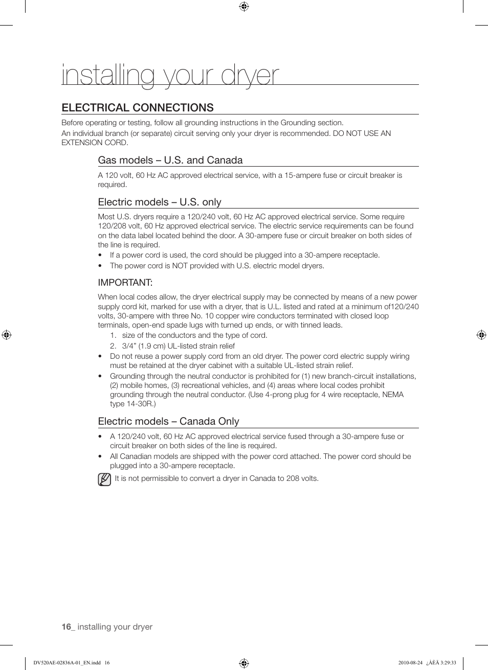 Installing your dryer, Electrical connections | Samsung DV520AE-02836A-01 User Manual | Page 16 / 84