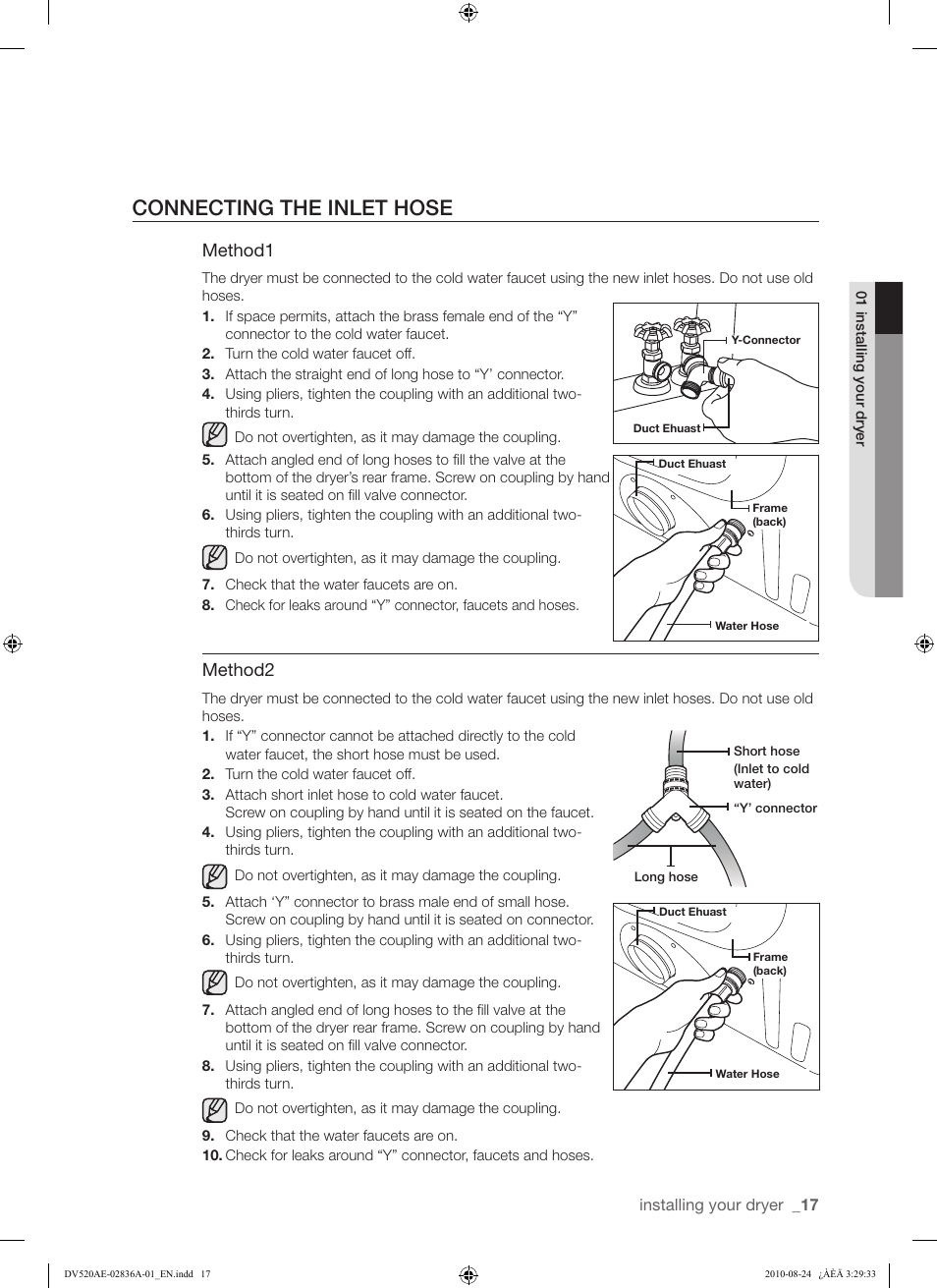 Connecting the inlet hose, Method1, Method2 | Samsung DV520AE-02836A-01 User Manual | Page 17 / 84