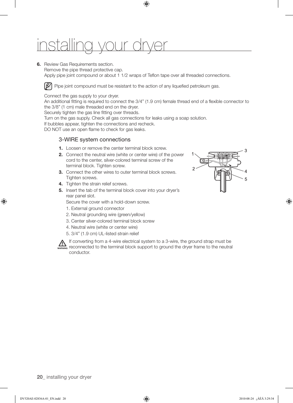 Installing your dryer | Samsung DV520AE-02836A-01 User Manual | Page 20 / 84