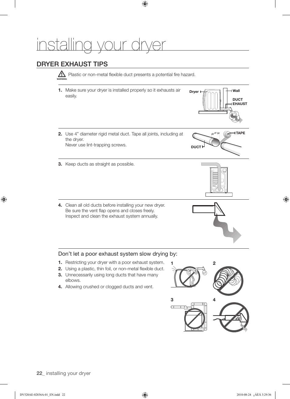 Installing your dryer, Dryer exhaust tips | Samsung DV520AE-02836A-01 User Manual | Page 22 / 84