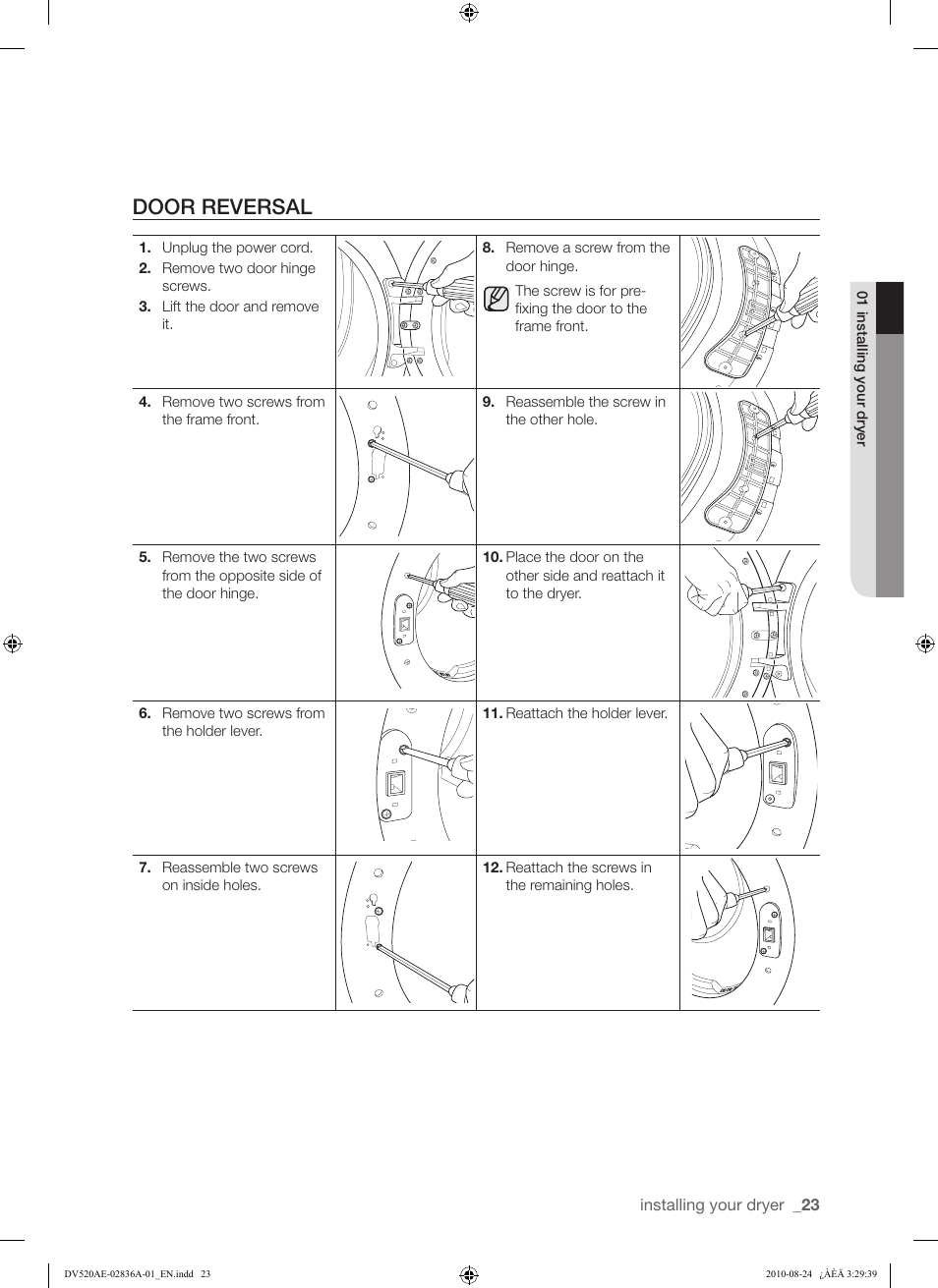 Door reversal | Samsung DV520AE-02836A-01 User Manual | Page 23 / 84