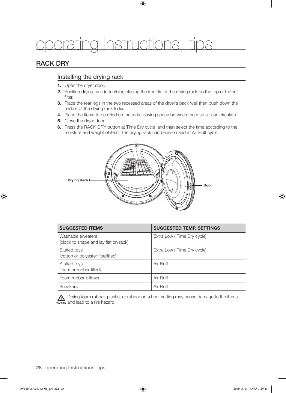 Operating instructions, tips, Rack dry, Installing the drying rack | Samsung DV520AE-02836A-01 User Manual | Page 28 / 84