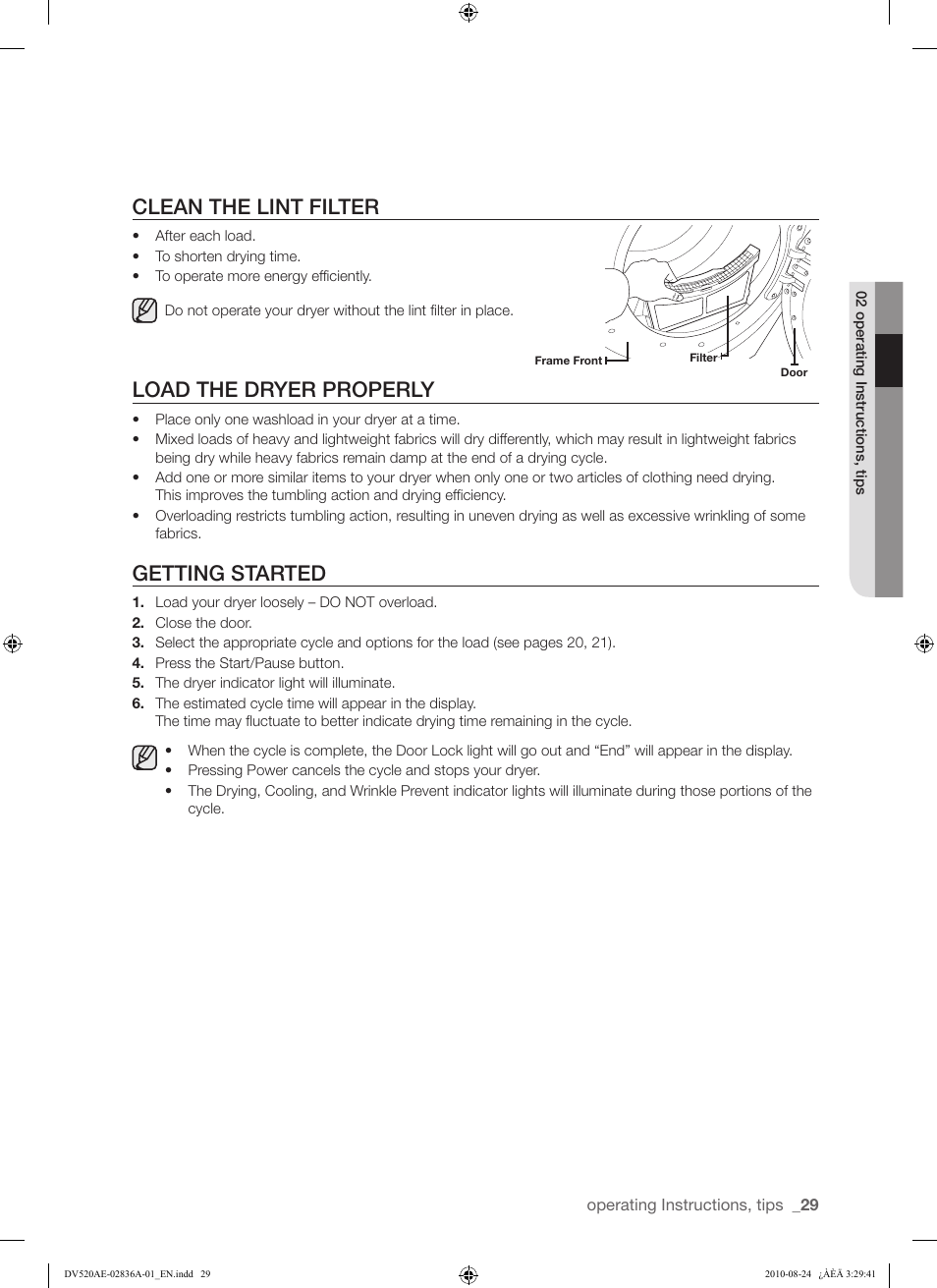 Clean the lint filter, Load the dryer properly, Getting started | Samsung DV520AE-02836A-01 User Manual | Page 29 / 84