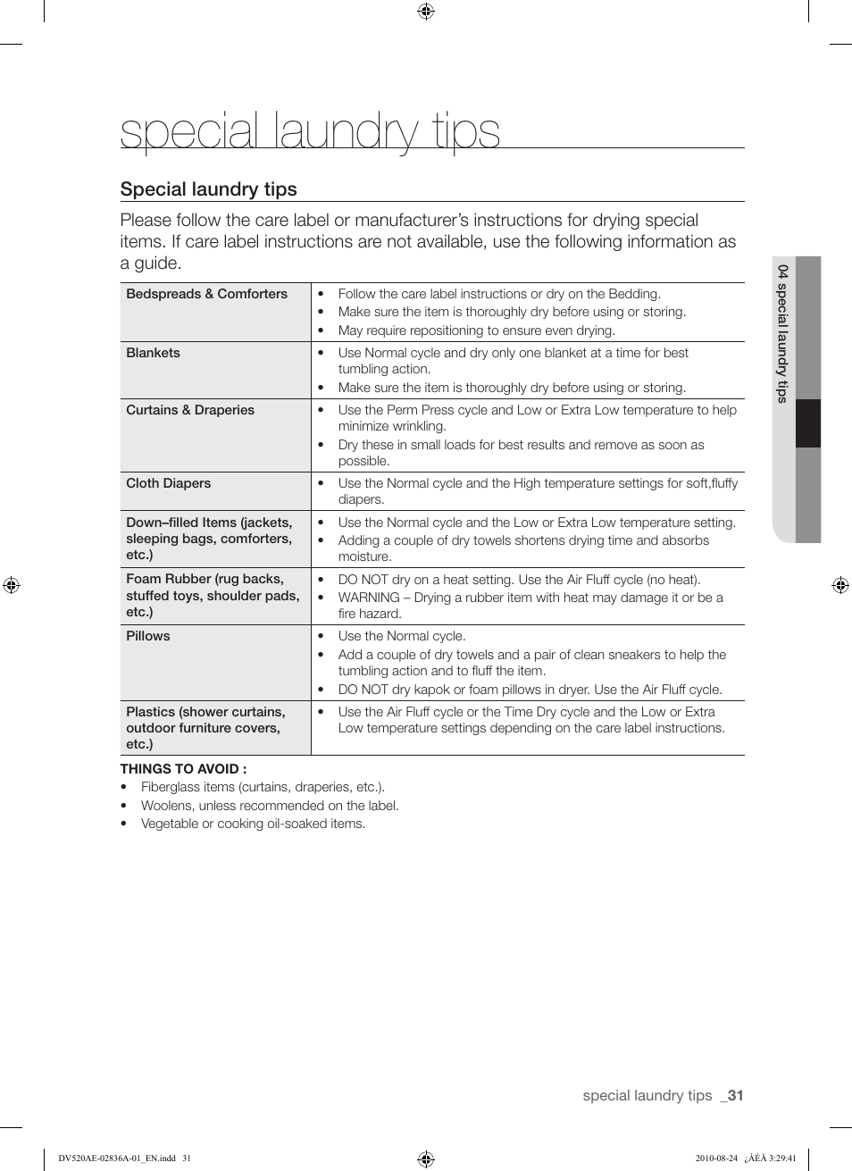 Special laundry tips | Samsung DV520AE-02836A-01 User Manual | Page 31 / 84