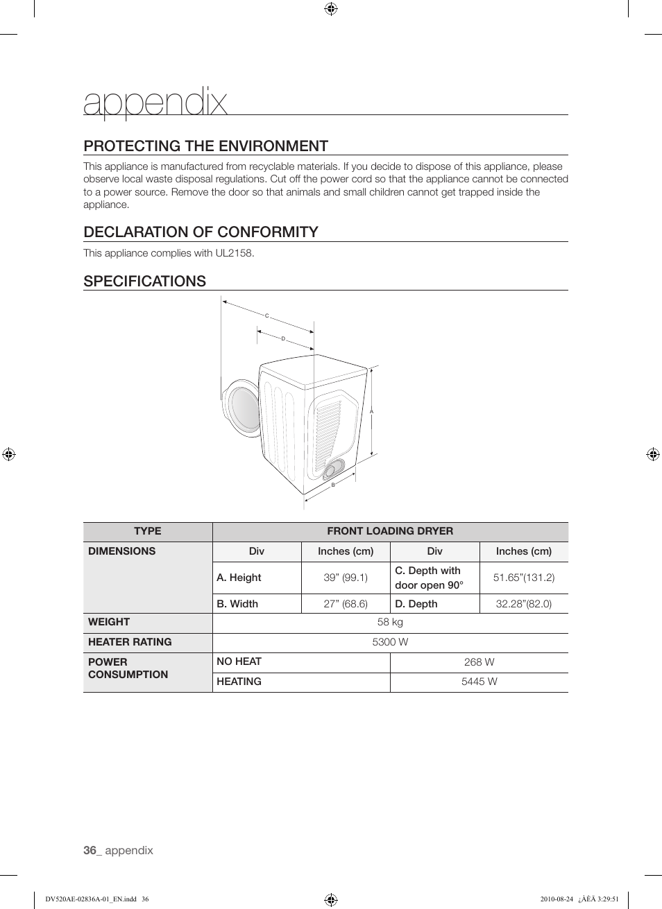Appendix, Protecting the environment, Declaration of conformity | Specifications | Samsung DV520AE-02836A-01 User Manual | Page 36 / 84