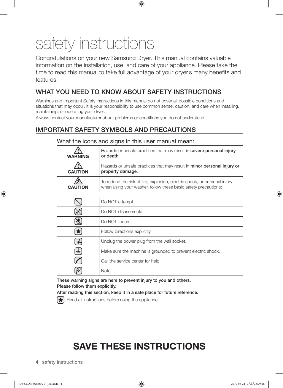 Safety instructions, Save these instructions | Samsung DV520AE-02836A-01 User Manual | Page 4 / 84