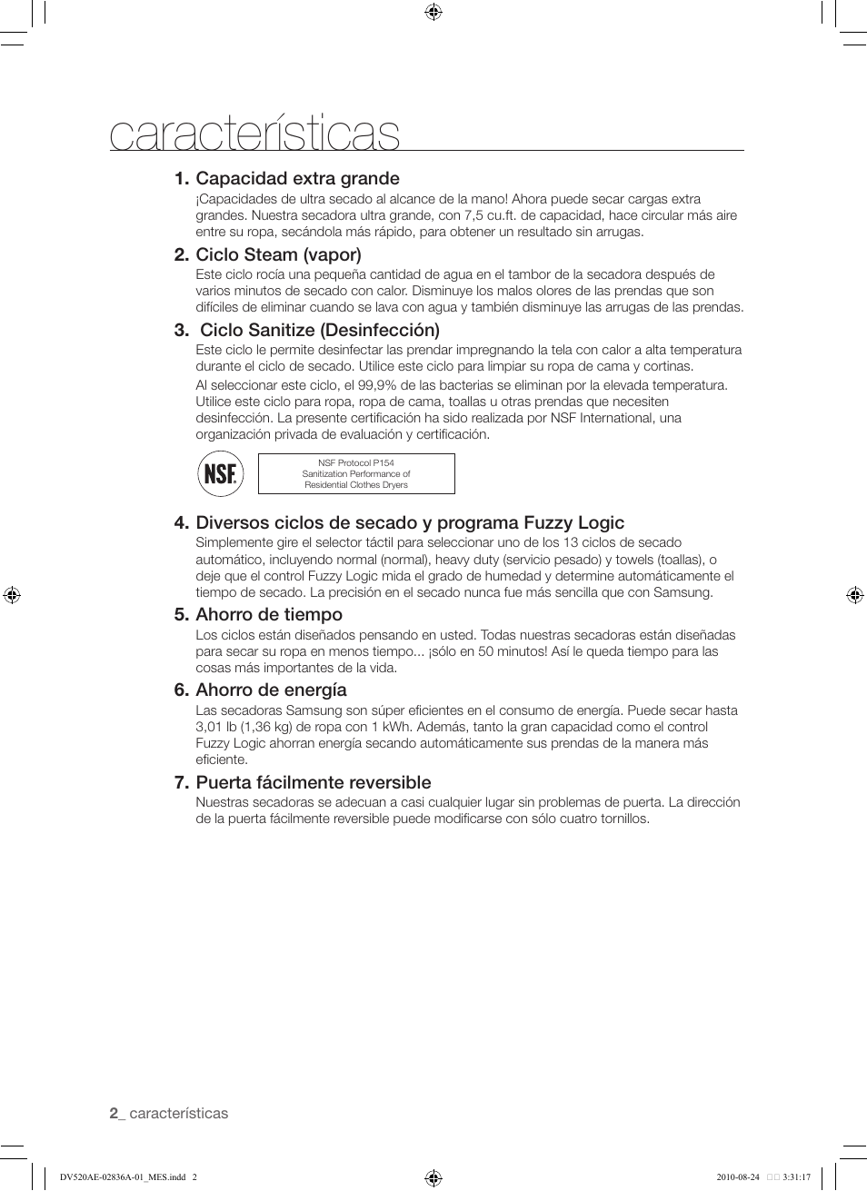 Características | Samsung DV520AE-02836A-01 User Manual | Page 44 / 84