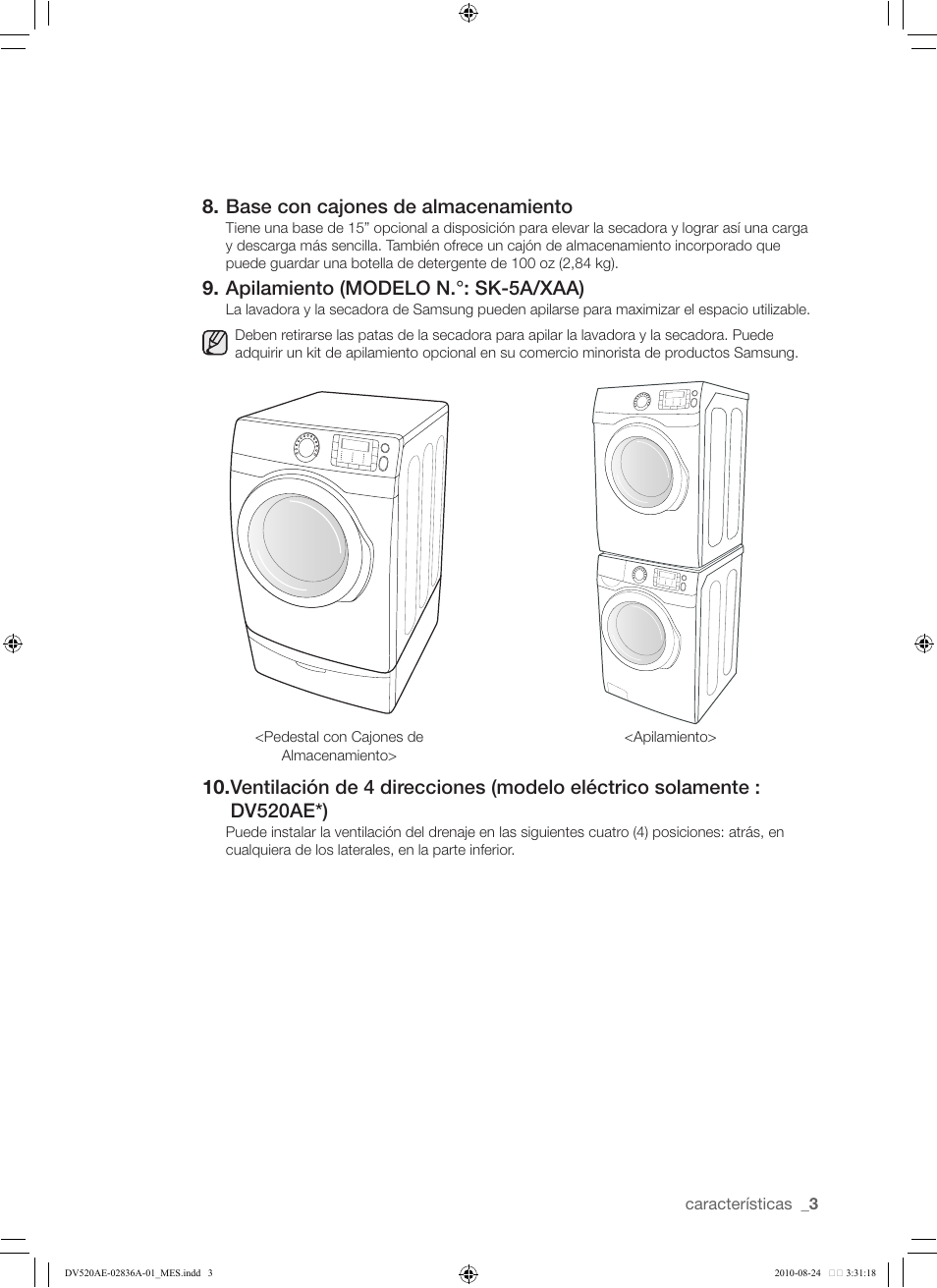 Base con cajones de almacenamiento, Apilamiento (modelo n.°: sk-5a/xaa) | Samsung DV520AE-02836A-01 User Manual | Page 45 / 84