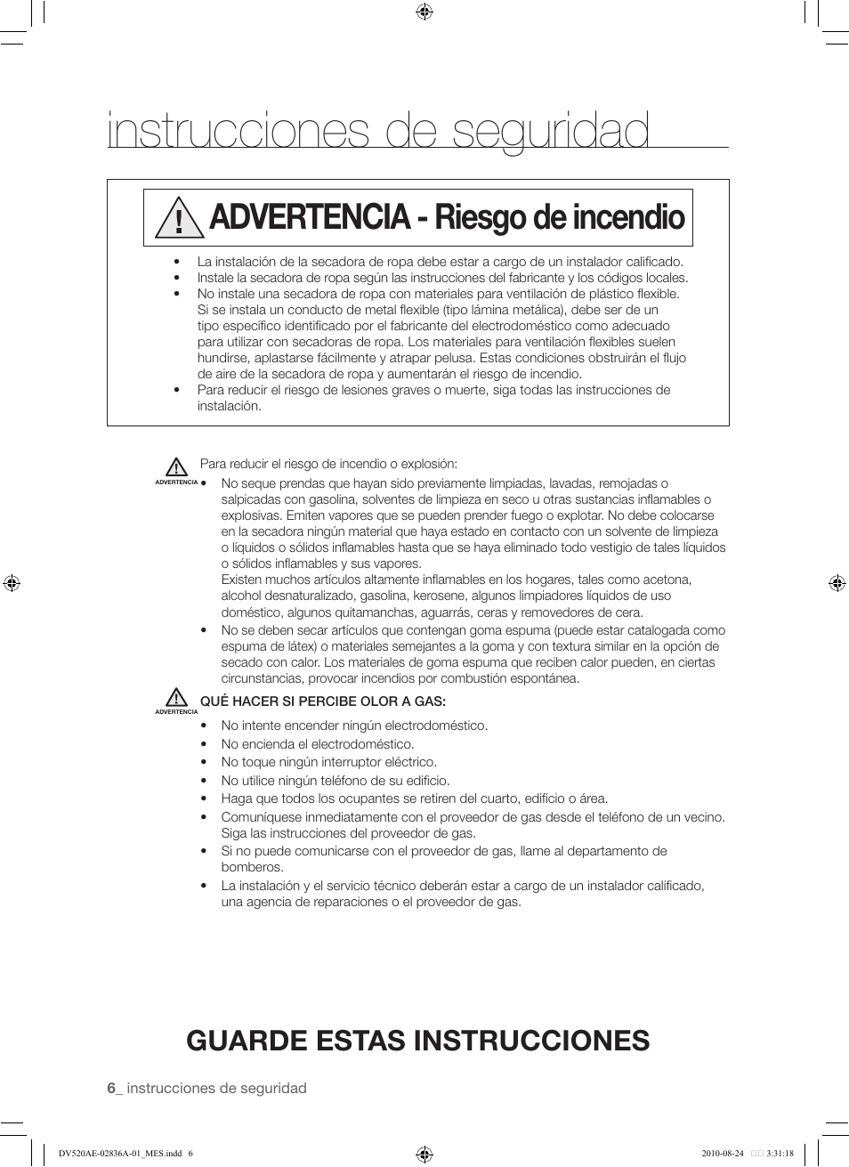 Instrucciones de seguridad, Advertencia - riesgo de incendio, Guarde estas instrucciones | Samsung DV520AE-02836A-01 User Manual | Page 48 / 84