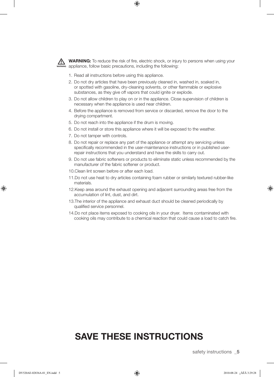 Save these instructions | Samsung DV520AE-02836A-01 User Manual | Page 5 / 84