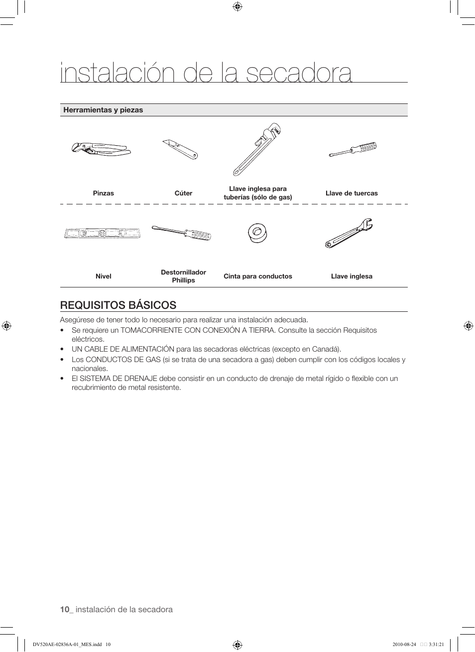 10 requisitos básicos, Instalación de la secadora, Requisitos básicos | Samsung DV520AE-02836A-01 User Manual | Page 52 / 84