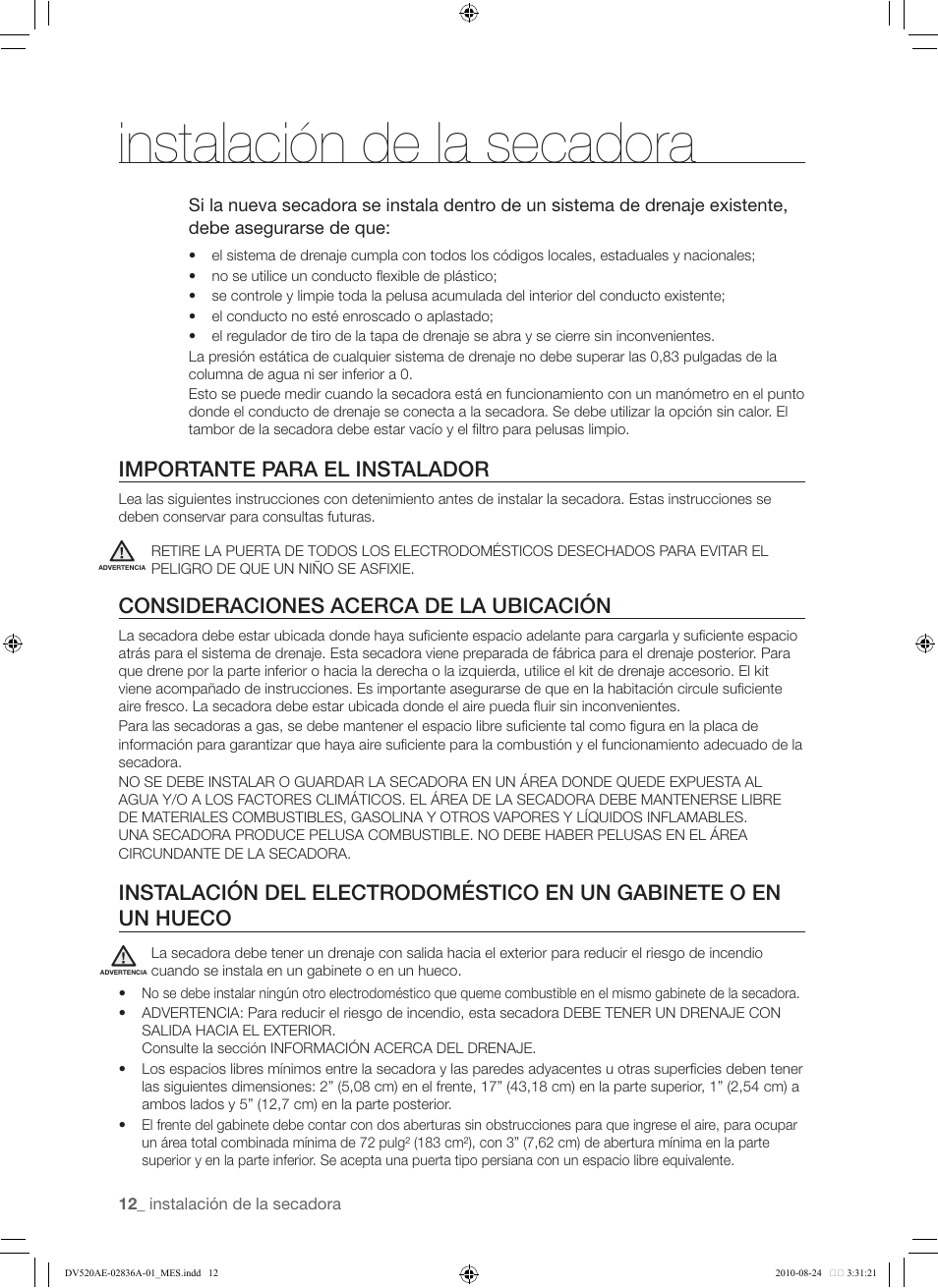 Gabinete o en un hueco, Instalación de la secadora, Importante para el instalador | Consideraciones acerca de la ubicación | Samsung DV520AE-02836A-01 User Manual | Page 54 / 84