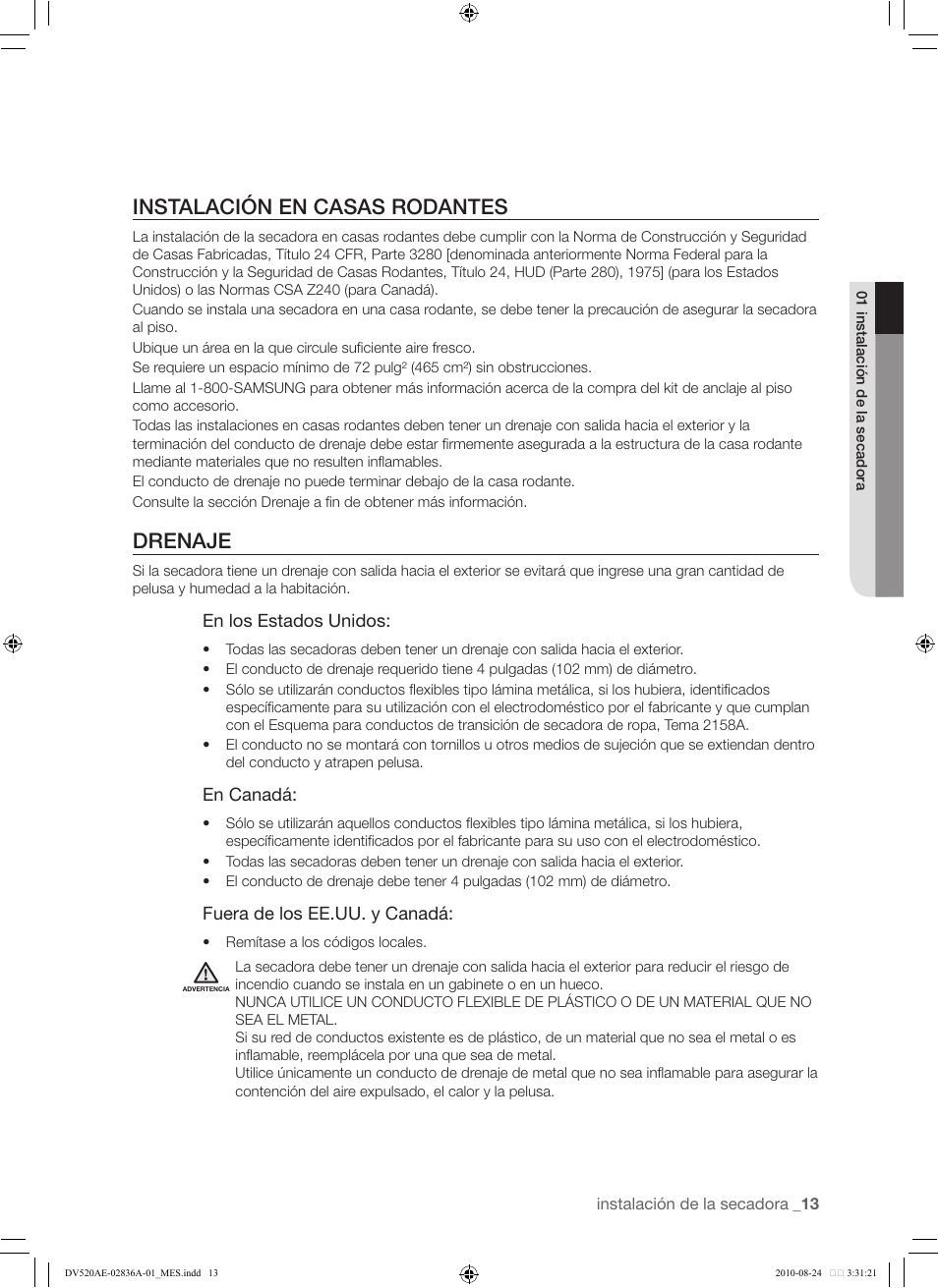 13 instalación en casas rodantes 13 drenaje, Instalación en casas rodantes, Drenaje | Samsung DV520AE-02836A-01 User Manual | Page 55 / 84