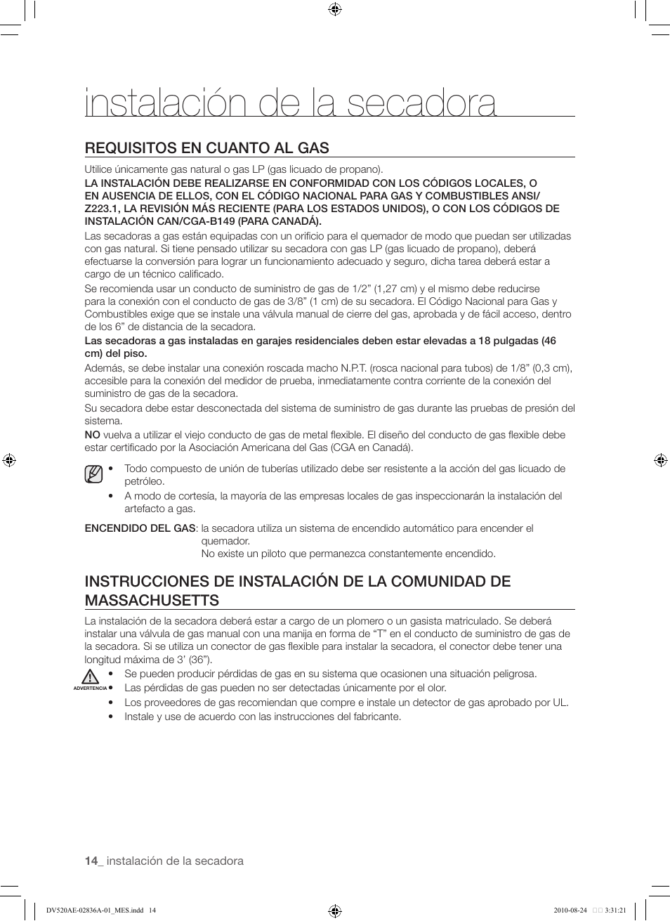 Comunidad de massachusetts, Instalación de la secadora, Requisitos en cuanto al gas | Samsung DV520AE-02836A-01 User Manual | Page 56 / 84