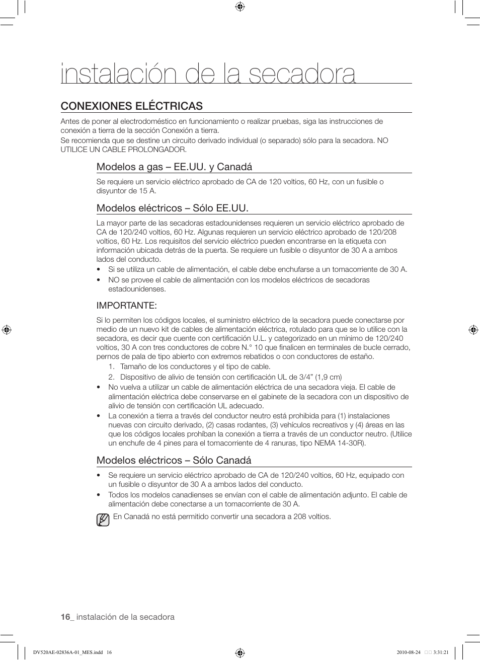 16 conexiones eléctricas, Instalación de la secadora, Conexiones eléctricas | Samsung DV520AE-02836A-01 User Manual | Page 58 / 84