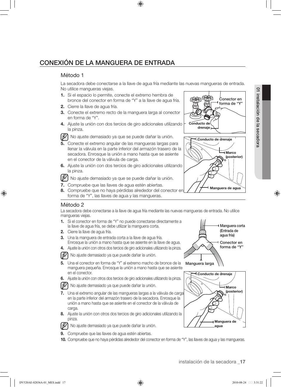 17 conexión de la manguera de entrada, Conexión de la manguera de entrada, Método 1 | Método 2 | Samsung DV520AE-02836A-01 User Manual | Page 59 / 84