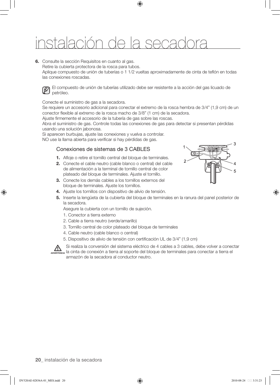 Instalación de la secadora | Samsung DV520AE-02836A-01 User Manual | Page 62 / 84