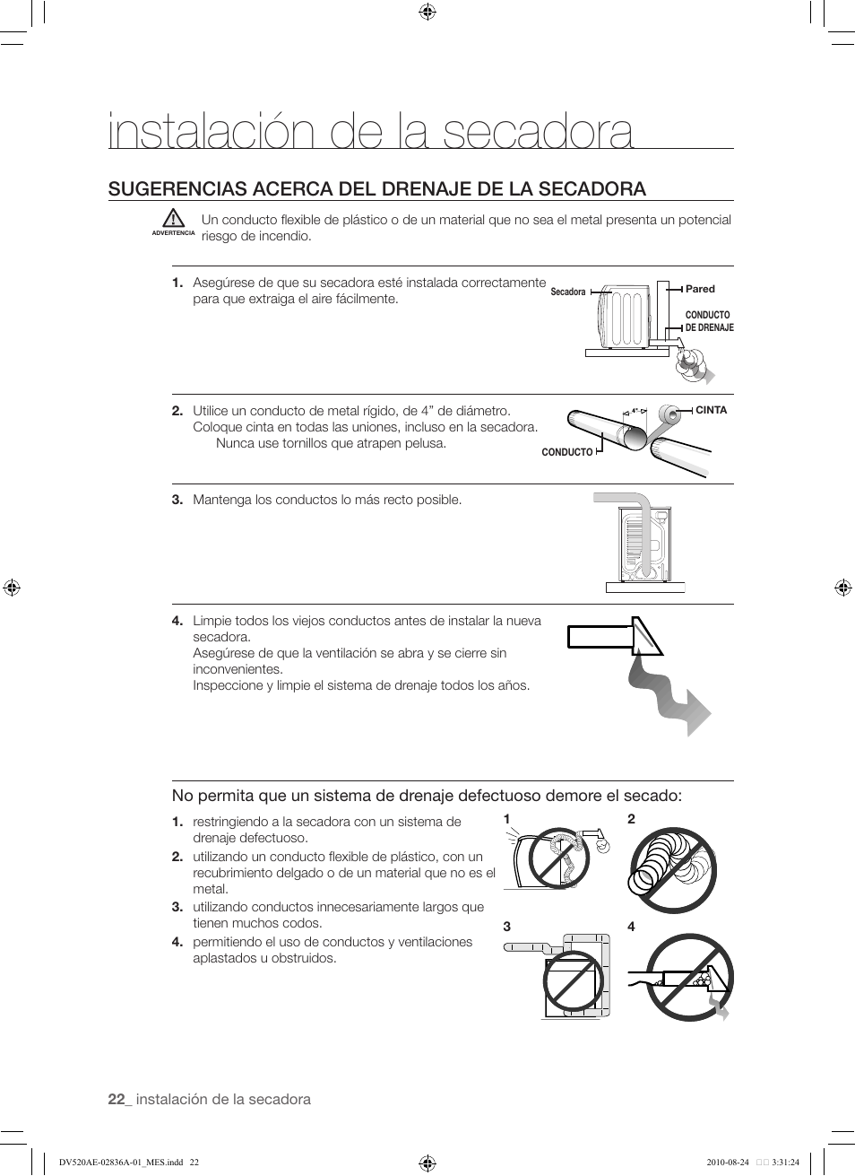 22 sugerencias acerca del drenaje de la secadora, Instalación de la secadora, Sugerencias acerca del drenaje de la secadora | Samsung DV520AE-02836A-01 User Manual | Page 64 / 84