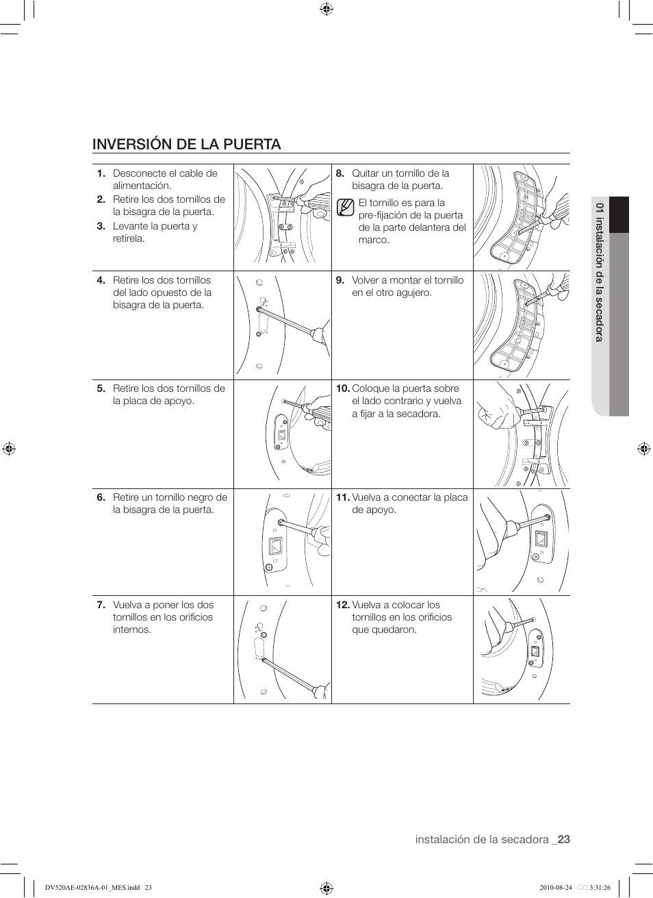 23 inversión de la puerta, Inversión de la puerta | Samsung DV520AE-02836A-01 User Manual | Page 65 / 84