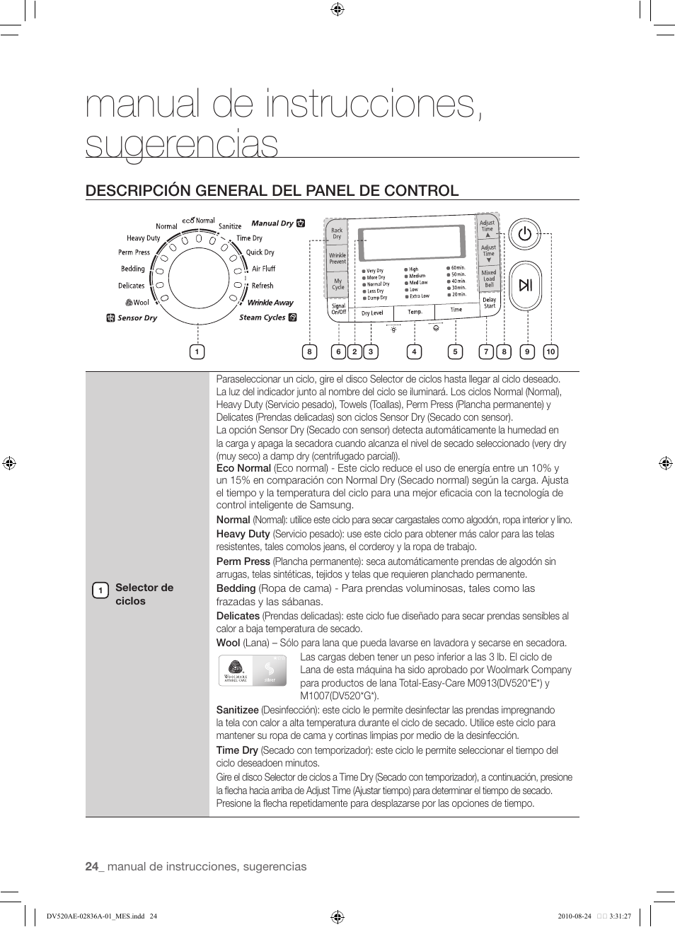 Manual de instrucciones, Sugerencias, 24 descripción general del panel de control | Manual de instrucciones, sugerencias, Descripción general del panel de control | Samsung DV520AE-02836A-01 User Manual | Page 66 / 84