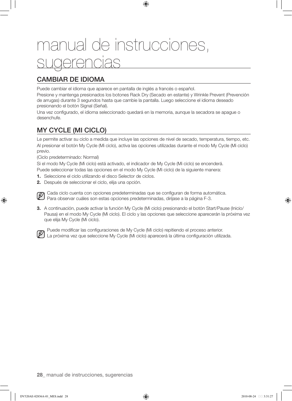 28 cambiar de idioma 28 my cycle (mi ciclo), Manual de instrucciones, sugerencias | Samsung DV520AE-02836A-01 User Manual | Page 70 / 84