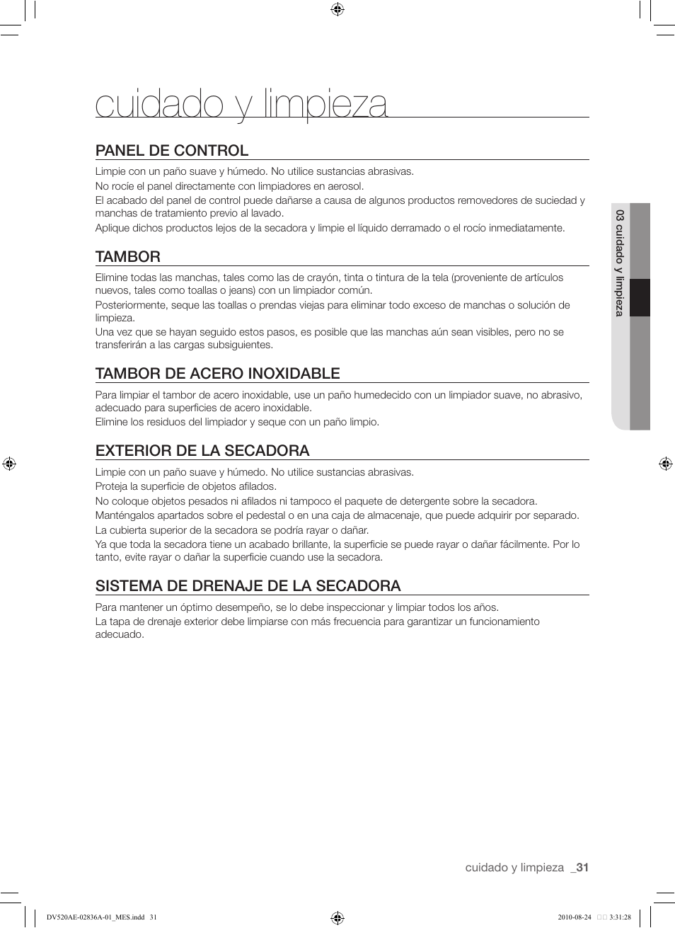 Cuidado y limpieza | Samsung DV520AE-02836A-01 User Manual | Page 73 / 84