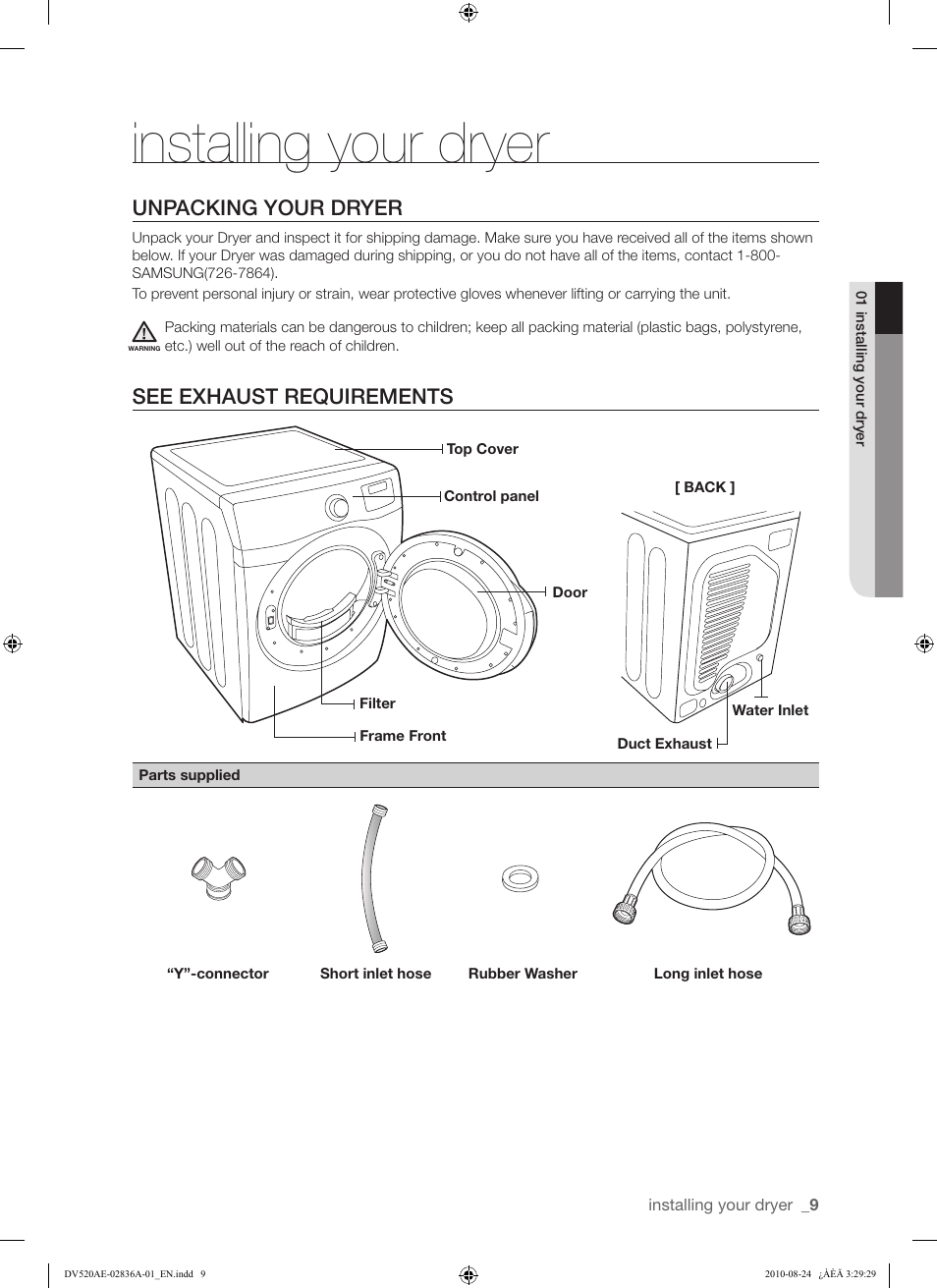 Installing your dryer, Unpacking your dryer, See exhaust requirements | Samsung DV520AE-02836A-01 User Manual | Page 9 / 84