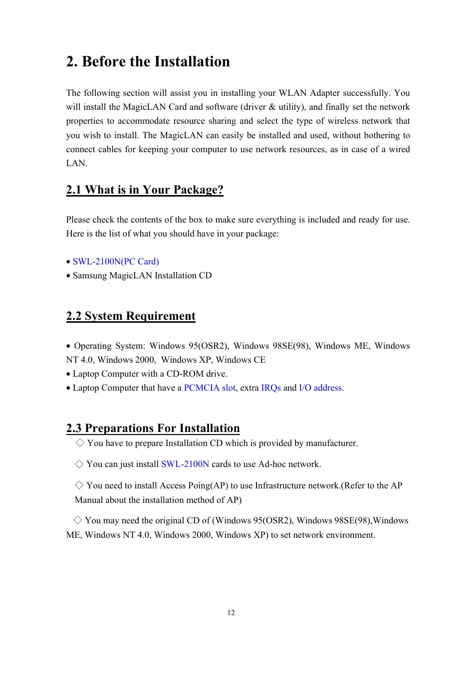 Before the installation, 1 what is in your package, 2 system requirement | 3 preparations for installation | Samsung SWL-2100N User Manual | Page 12 / 75