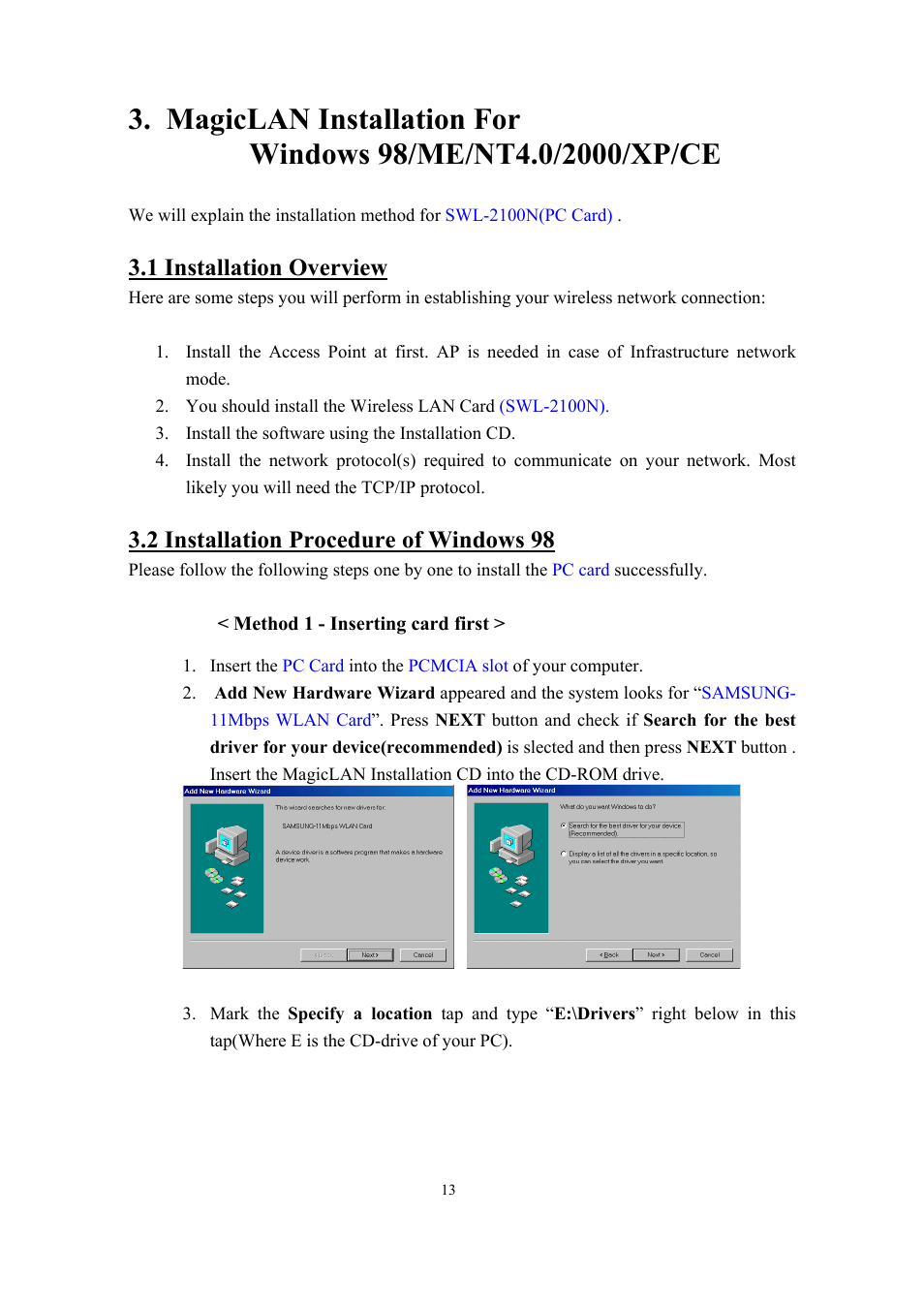 1 installation overview, 2 installation procedure of windows 98 | Samsung SWL-2100N User Manual | Page 13 / 75