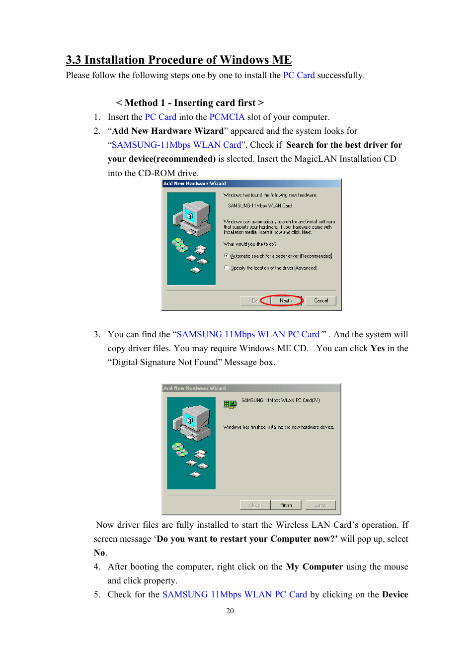 3 installation procedure of windows me | Samsung SWL-2100N User Manual | Page 20 / 75