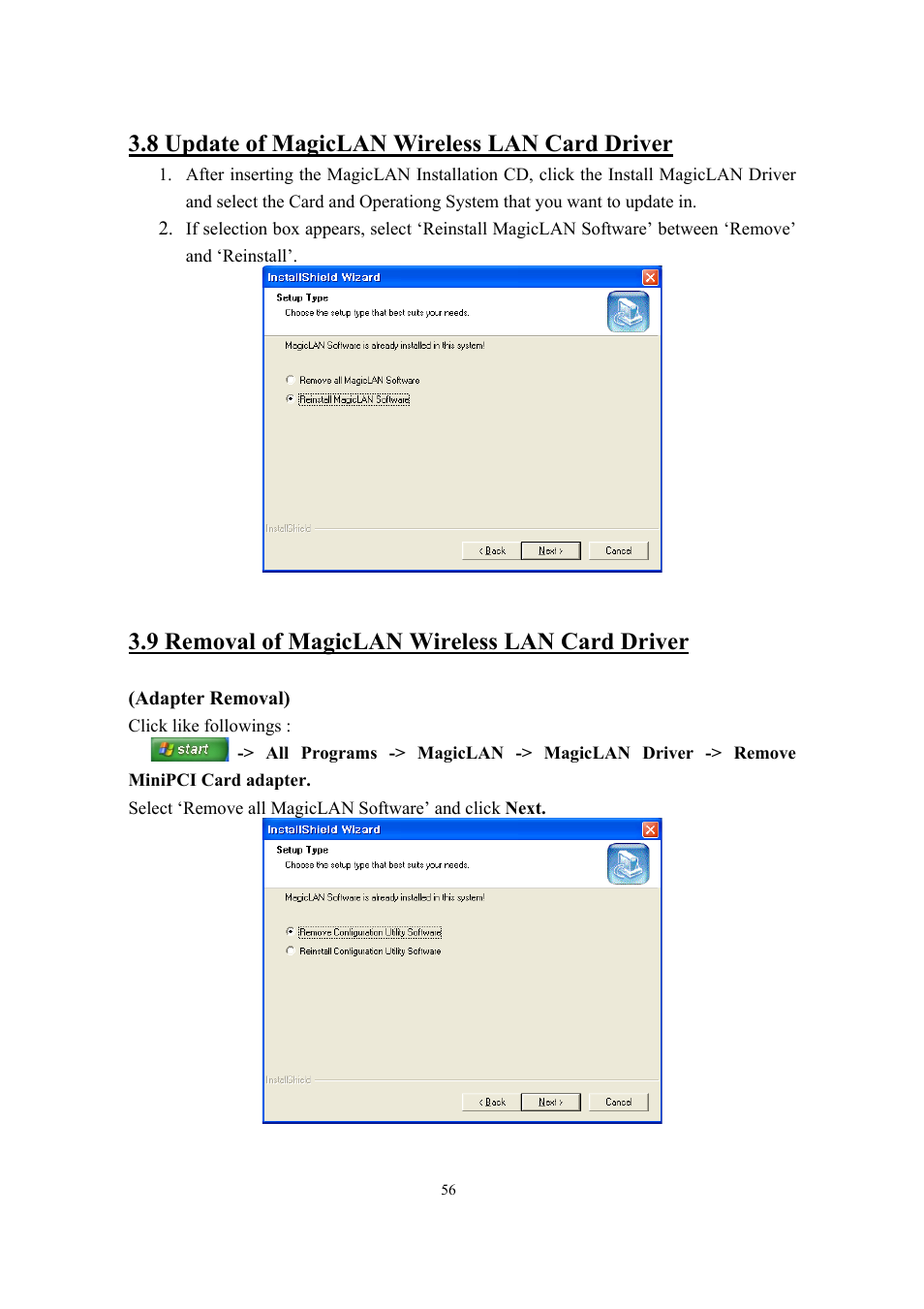 8 update of magiclan wireless lan card driver, 9 removal of magiclan wireless lan card driver | Samsung SWL-2100N User Manual | Page 56 / 75