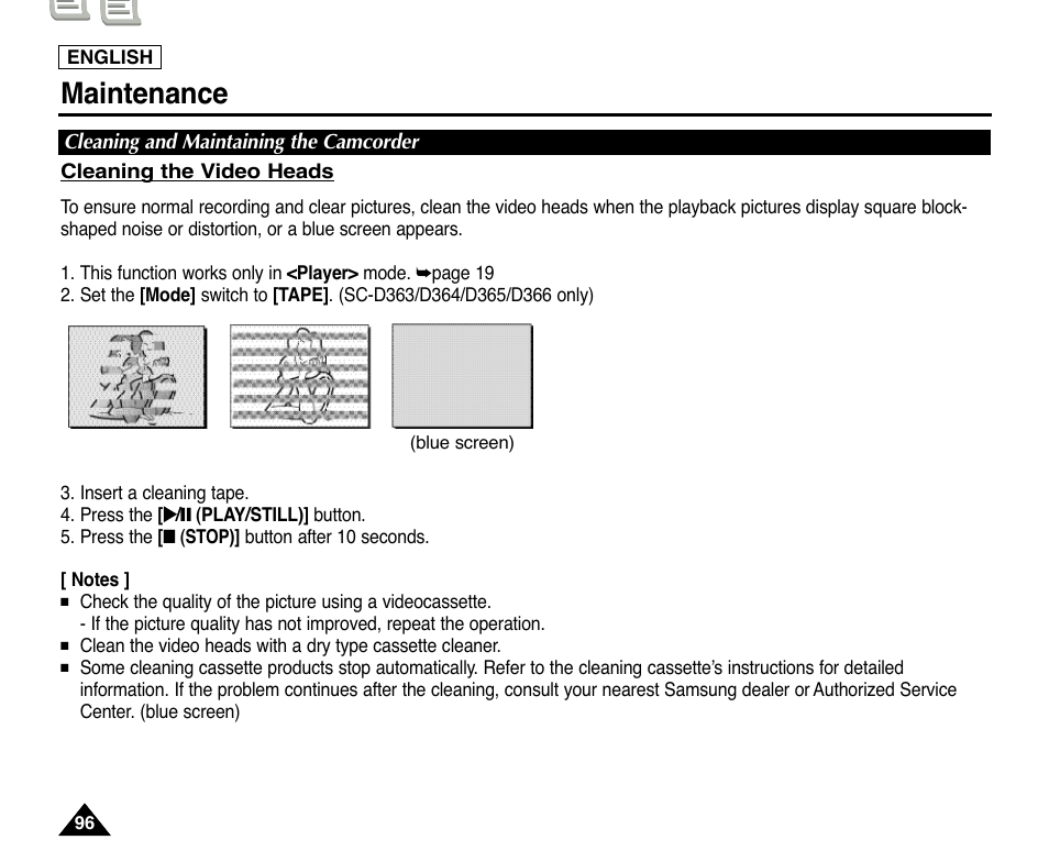 Cleaning and maintaining the camcorder, Maintenance | Samsung digital SC-D363 User Manual | Page 100 / 111