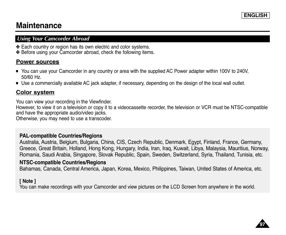 Using your camcorder abroad, Maintenance | Samsung digital SC-D363 User Manual | Page 101 / 111