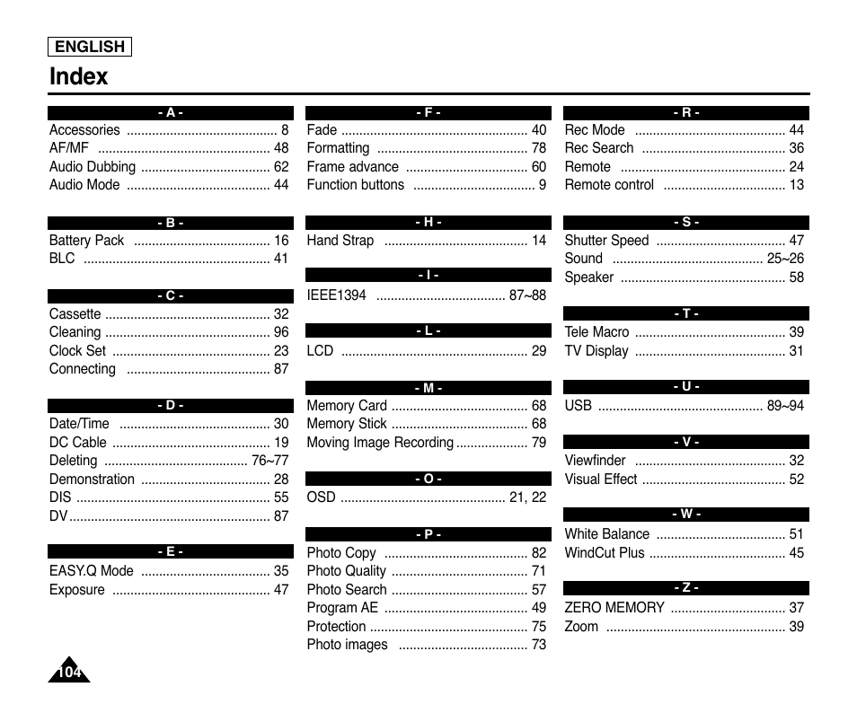 Index | Samsung digital SC-D363 User Manual | Page 108 / 111