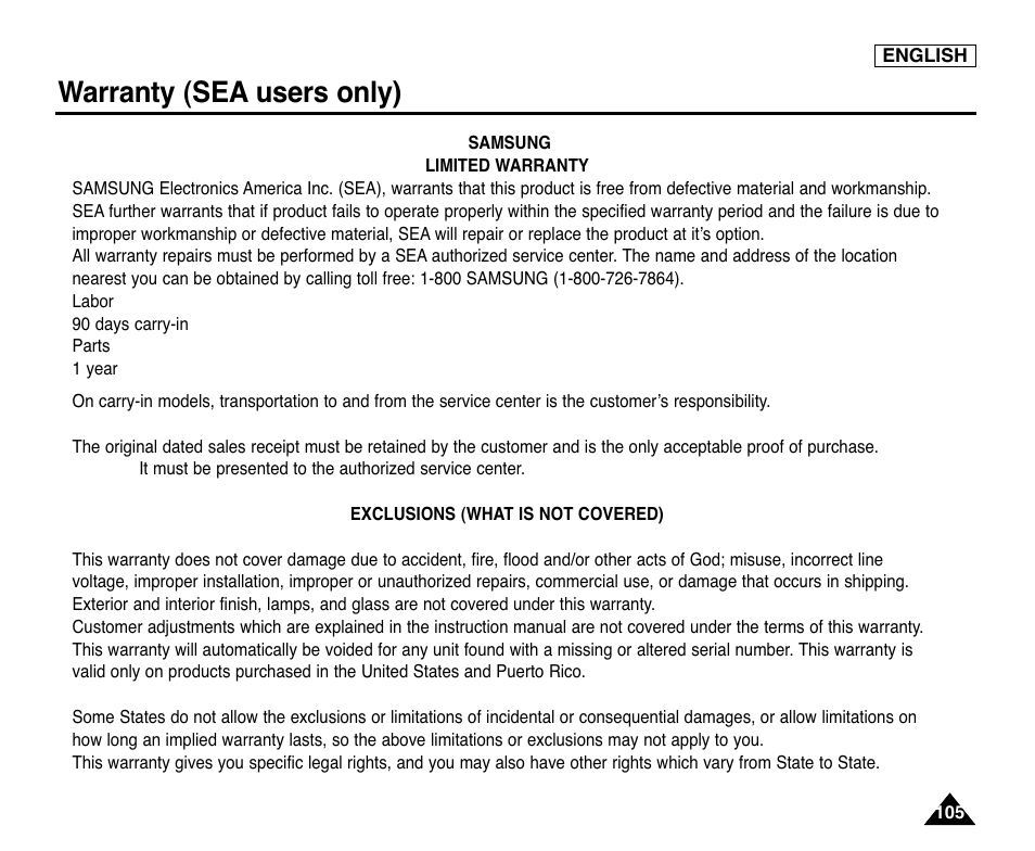 Warranty (seausers only), Warranty (sea users only) | Samsung digital SC-D363 User Manual | Page 109 / 111